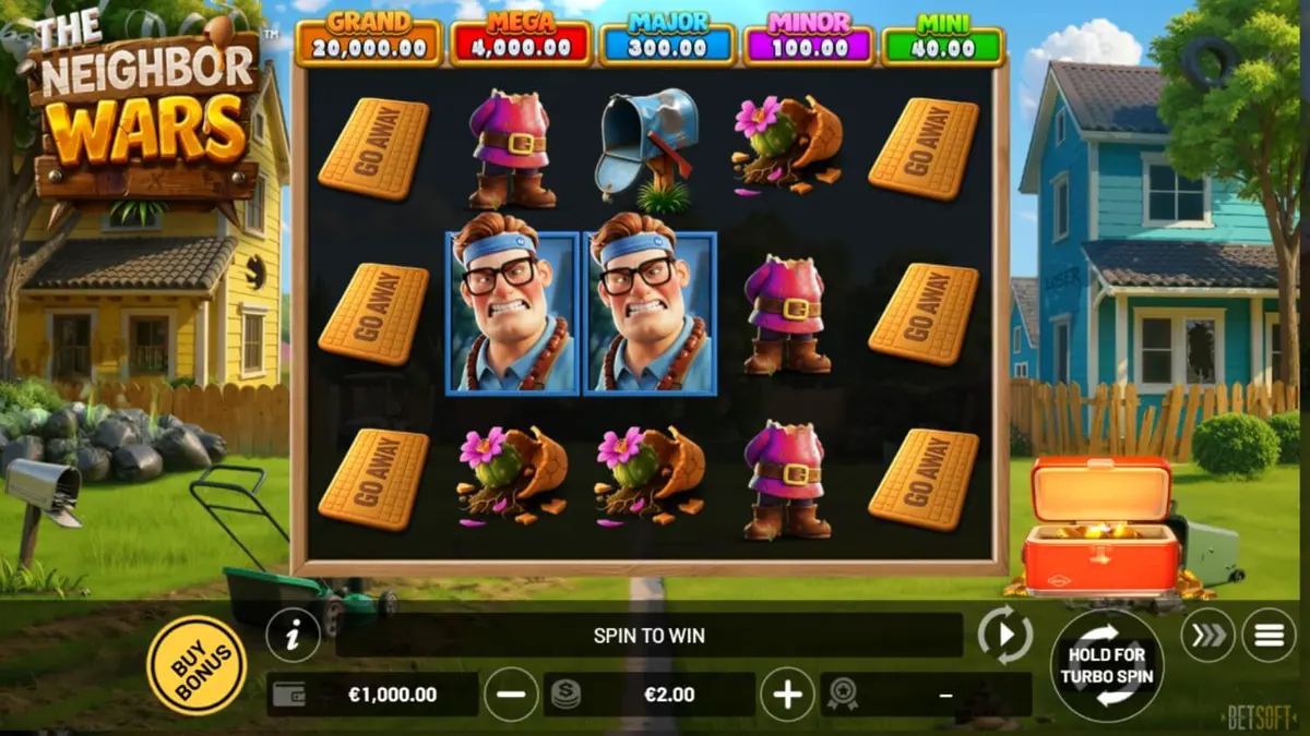 Tampilan visual slot The Neighbor Wars dengan tema perseteruan tetangga